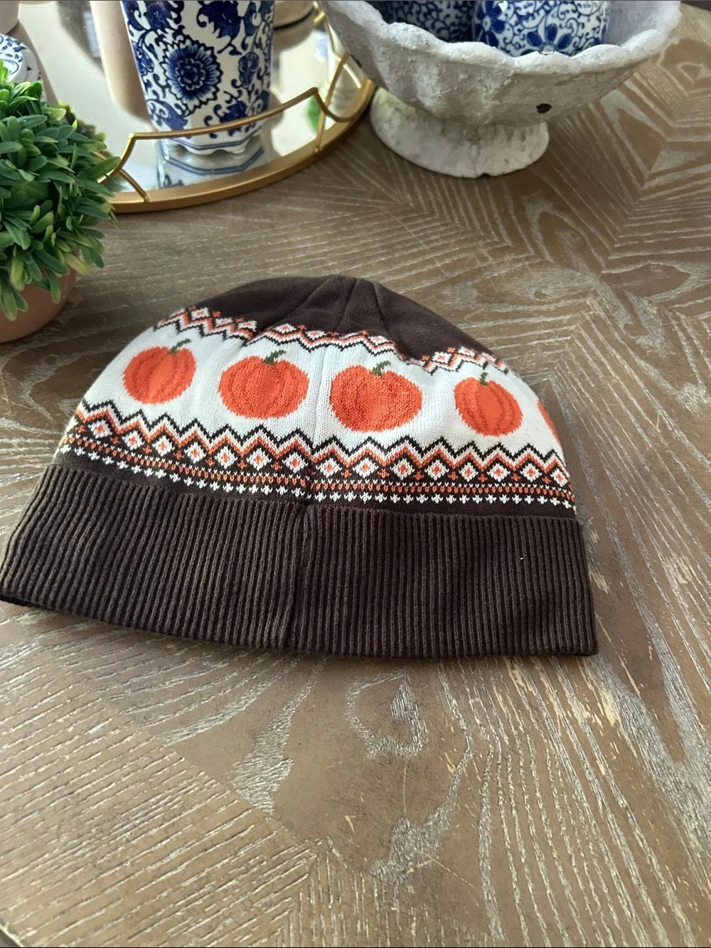 Gymboree Fall Harvest Sweater Beanie Hat with Orange Pumpkin Fair Isle Pattern